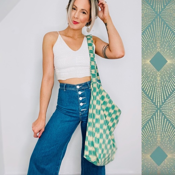 Hand Crafted Handbags - HANDMADE | Retro Checkered 70s Mod Print Fabric Oversized Slouchy Hobo Tote Bag